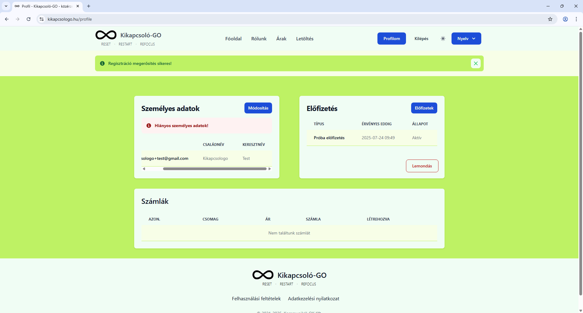 Regisztráció megerősítve